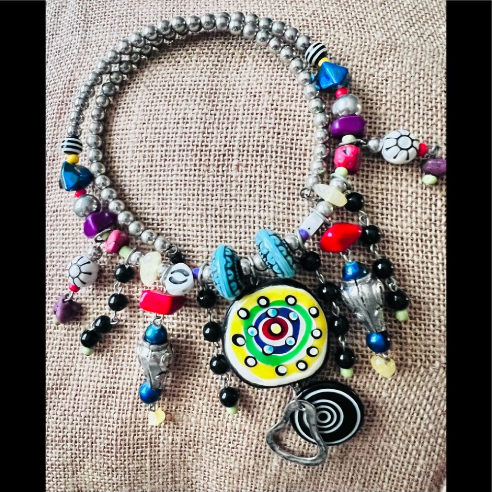 Memory Wire Boho Chocker Dangling Necklace Glass … - image 1